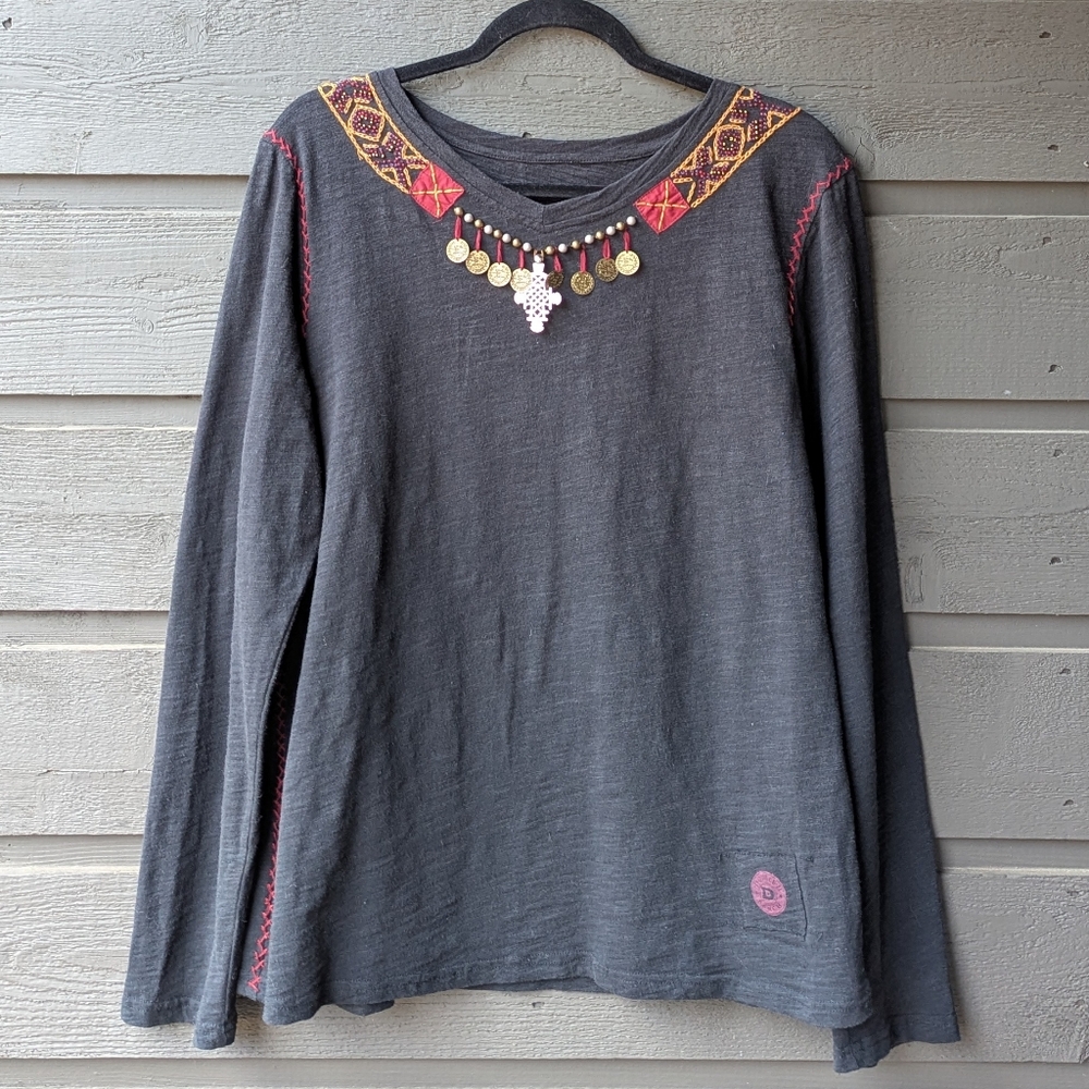 Double D Ranch Soft Black Slub Cotton Long Sleeve V Neck Top Size XL - Picture 8 of 8
